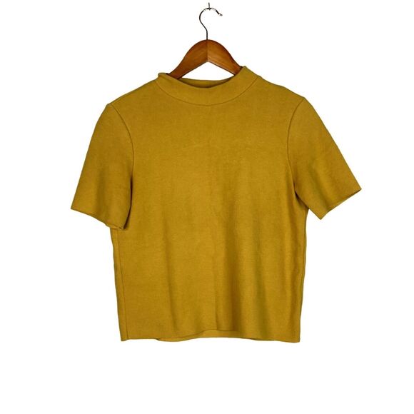 Zara Crop Ribbed Short Sleeve Mock Neck Raw Hem Crop Knit Top M Mustard Yellow - Picture 9 of 16